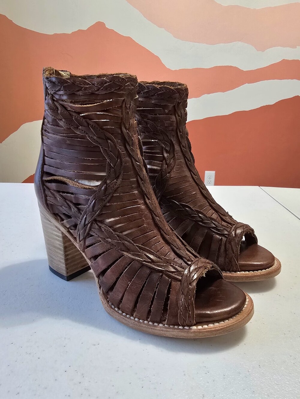 Freebird by Steven Bela Leather Heeled Sandals Women's 8 Braided Strappy Western